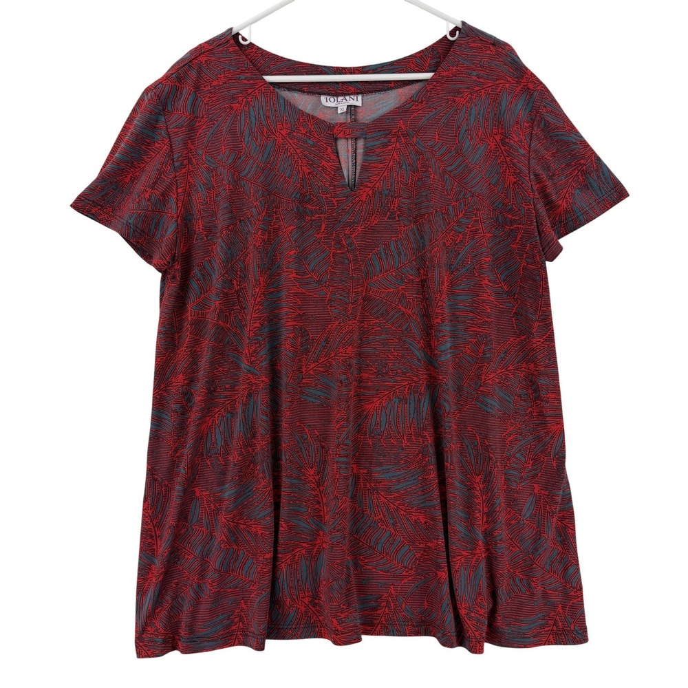 Iolani Hawaii Blouse Womens XL Red Tropical Keyhole Short Sleeve Tunic Top